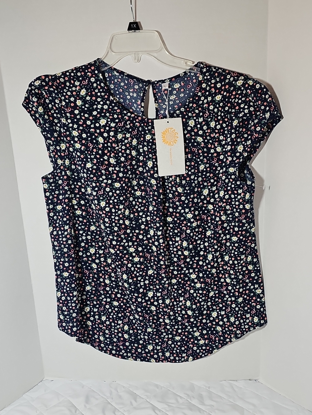 Navy Floral Cap-Sleeve Blouse with Keyhole